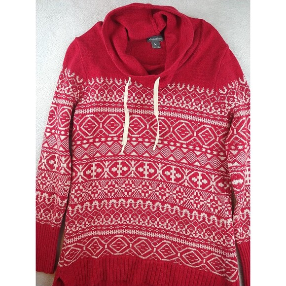 Eddie Bauer Fair Isle Wool Tunic Sweater Women's Small Red Pullover Cowl Neck - Picture 2 of 9